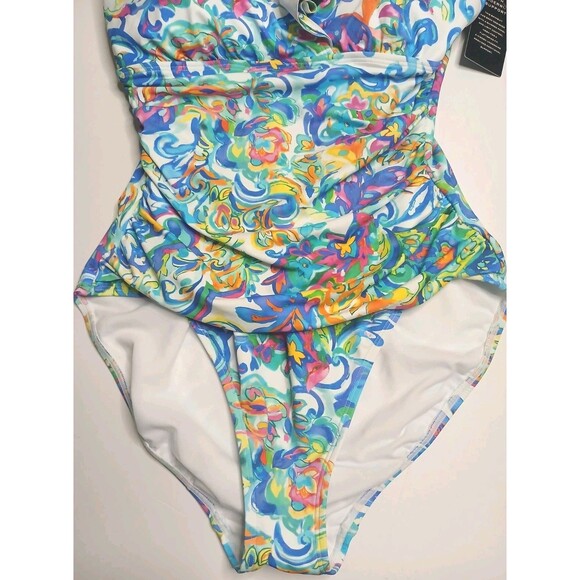 LAUREN Ralph Lauren Swimsuit Sz 8 Ruffle V-neck One Piece Multi Print - Picture 3 of 15